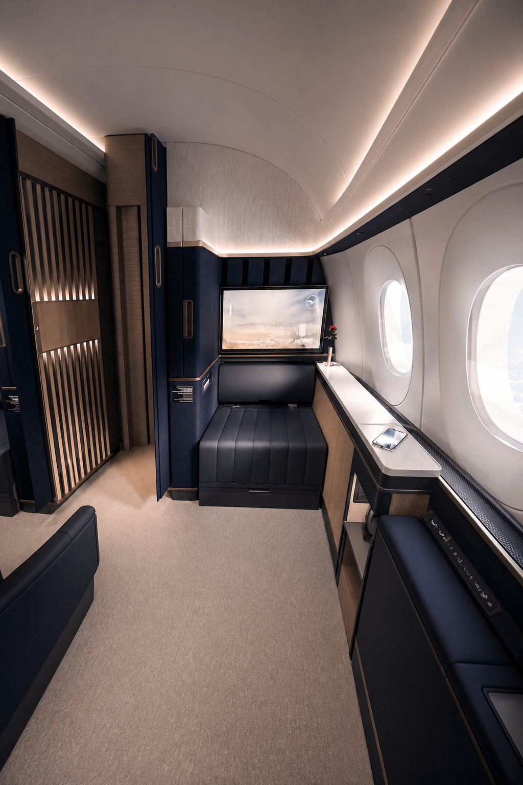 First class suite from the aisle, daylight through the cabin windows